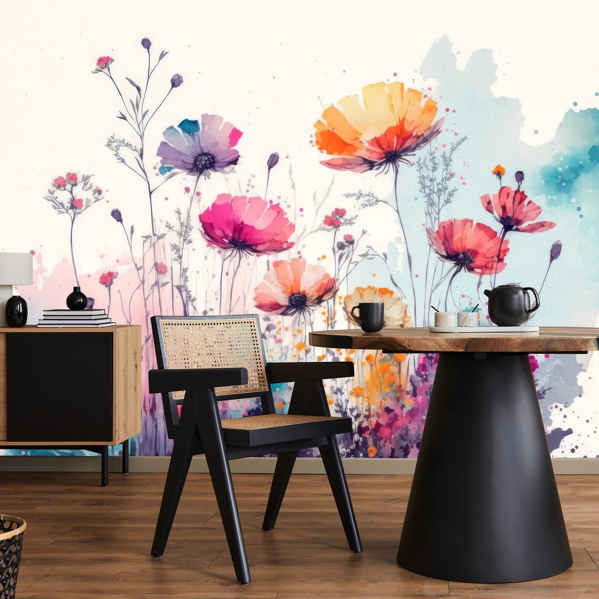 FOTOTAPETE für Schlafzimmer Abstrakte Bunte Wiesenblumen Aquarell 350x256 - Türkis/Rot, Papier (350/256cm) - Muralo