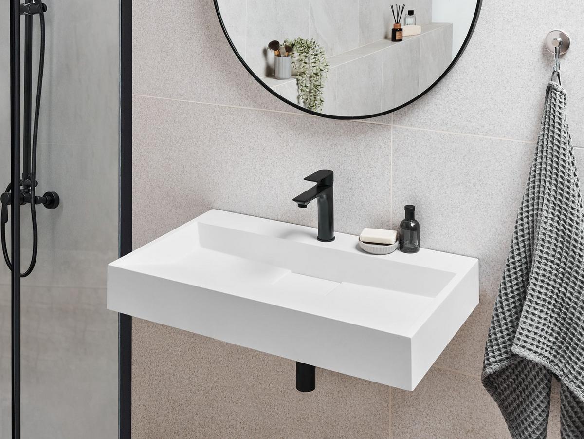 HÄNGEWASCHBECKEN Weiß 80/46 cm Mineralguss Quenko - Weiß, Naturmaterialen (80/12/46cm) - Beliani