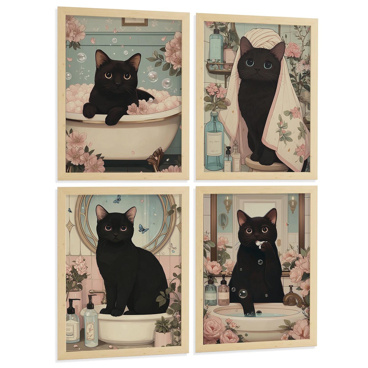POSTER 4er-Set dekorative Kunstdrucke, schwarze Katze im Badezimmer, niedliches Blumenposter für Toilette, sanfter Leichter Holzrahmen A4 - Beige, Papier (29.7/21/3cm) - Nacnic