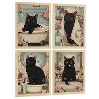 POSTER 4er-Set dekorative Kunstdrucke, schwarze Katze im Badezimmer, niedliches Blumenposter für Toilette, sanfter Leichter Holzrahmen A4 - Beige, Papier (29.7/21/3cm) - Nacnic