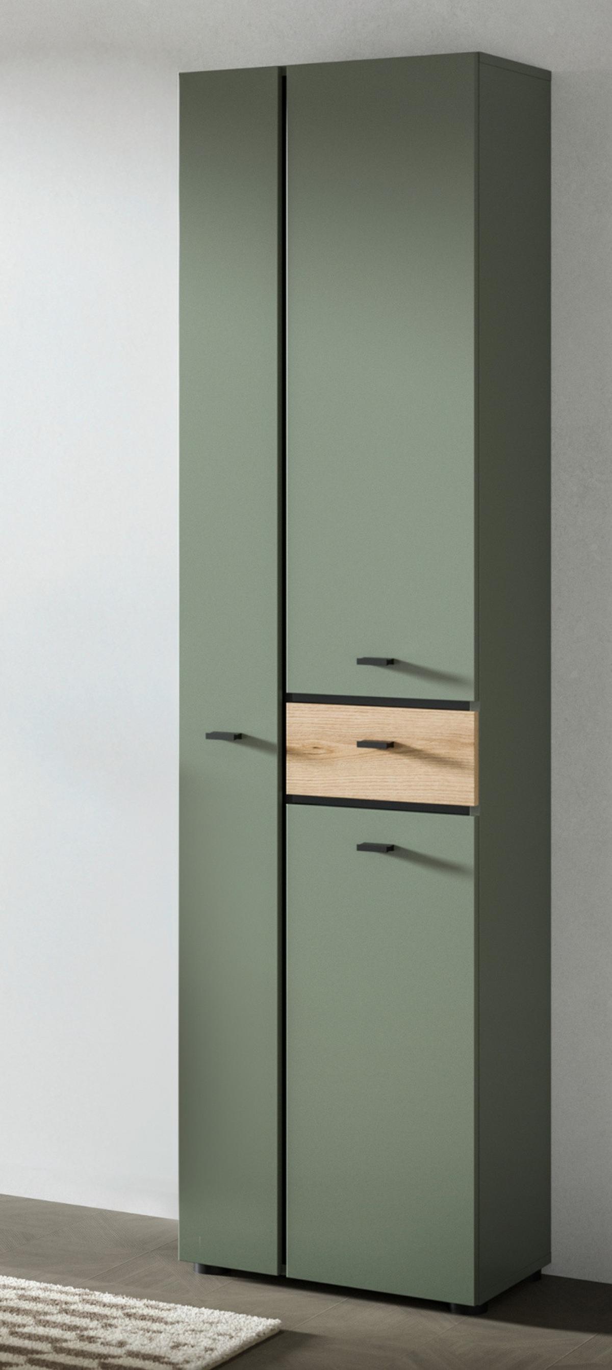 HOCHSCHRANK grün, Evoke Eiche 51 x 191 cm, Badschrank mit viel Stauraum - Eichefarben/Schwarz, Holzwerkstoff/Kunststoff (51/191/30cm) - Inn.Furn