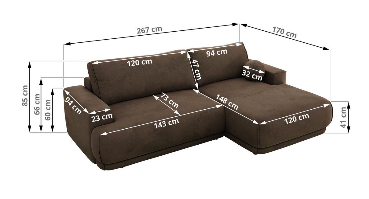 ECKSCHLAFSOFA RINA L Braun Velvet - links - Schwarz/Braun, Kunststoff/Textil (267/170cm) - MKS