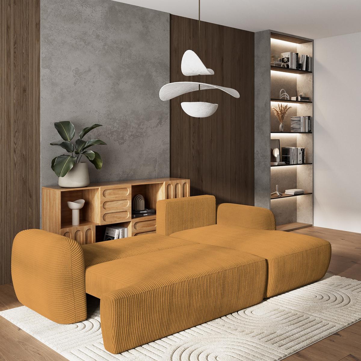 ECKSOFA MODENZA P R-S Gelb Kordstoff mit Schlaffunktion - Gelb/Schwarz, Holz/Kunststoff (266/148cm) - MASSENO
