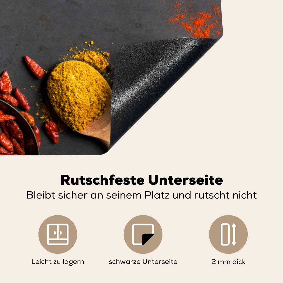 HERDABDECKPLATTE Kräuter - Lebensmittel - Gewürze - Schwarz - Paprika - Zimt Induktionsschutz 91.2x52 cm - Currygelb, Kunststoff (91.2/52/0.2cm) - MuchoWow