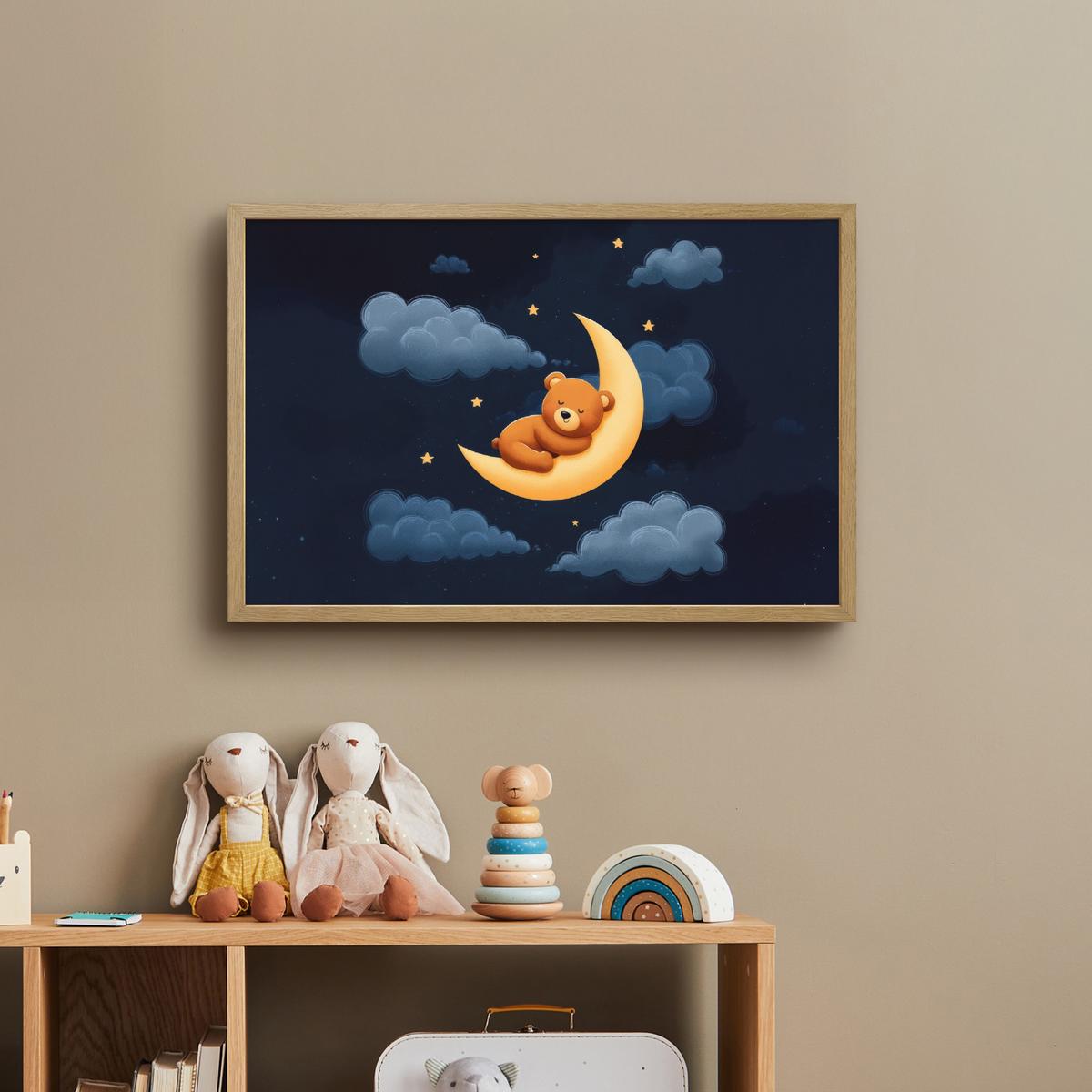 WANDLEUCHTE MIT AKKU Teddybär - Mond - Wolken - Sterne 60x40 cm - Dunkelblau, Holzwerkstoff (60/40/8cm) - OnlyWow