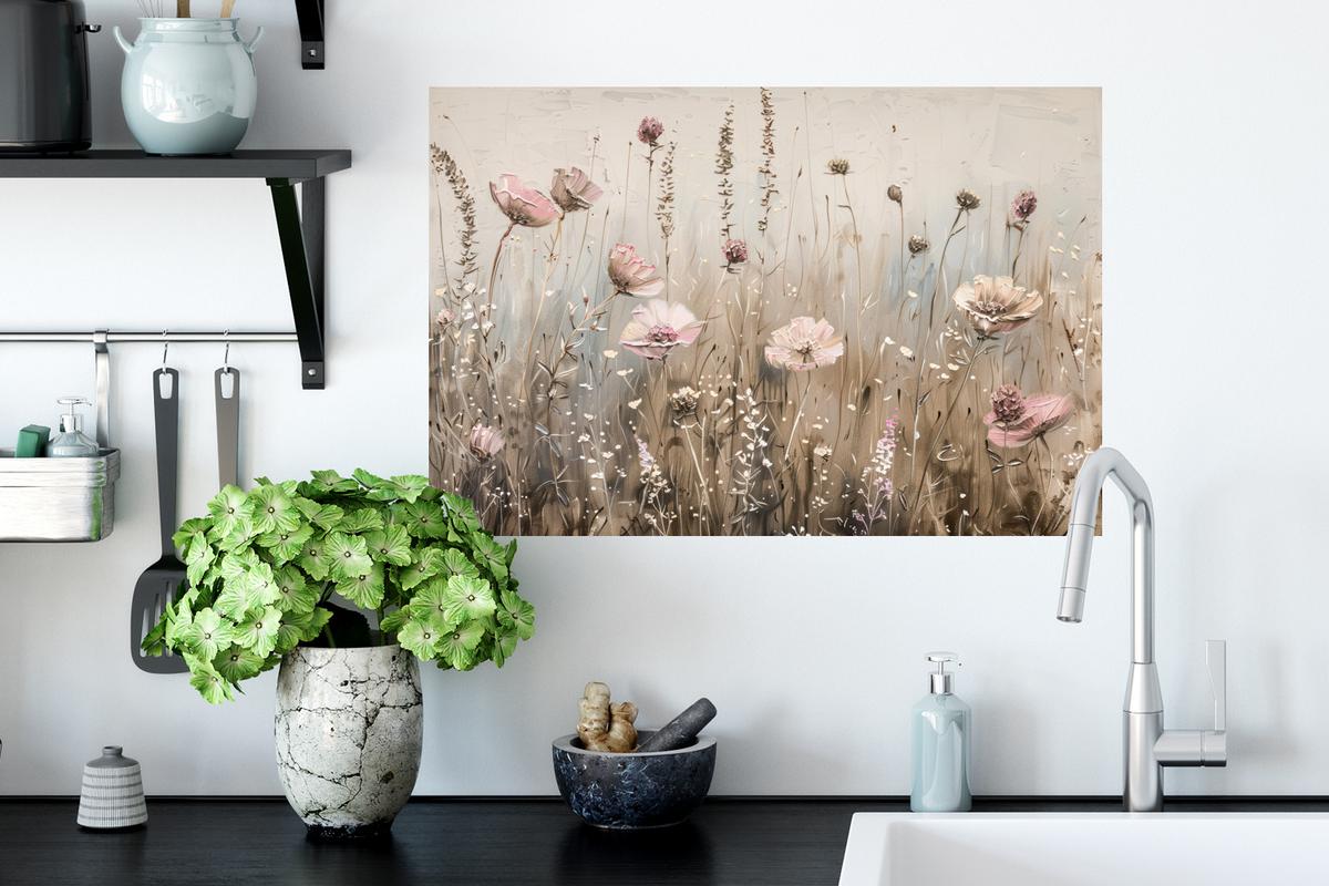 WANDTATTOO Blumen - Rosa - Modern - Beige Deko Wohnzimmer 60x40 cm - Beige, Kunststoff (60/40/0.1cm) - MuchoWow