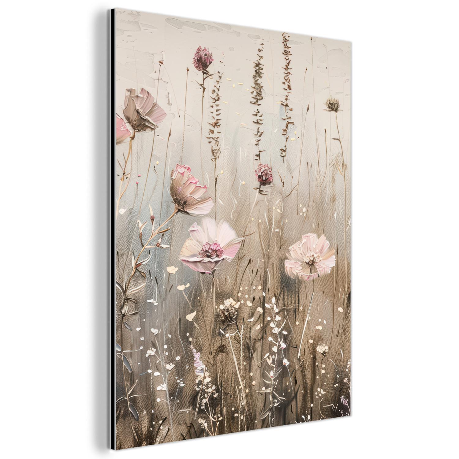 METALLBILD Blumen - Rosa - Modern - Beige 60x80 cm - Beige, Metall (60/80cm) - MuchoWow