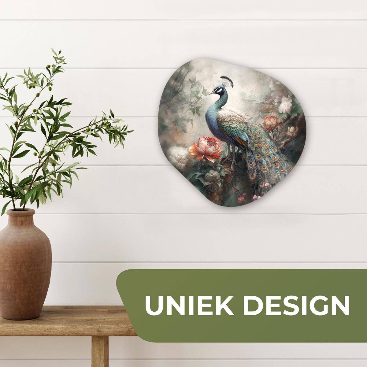WANDBILD Pfau - Pfauenfedern - Vogel - Dschungel - Blumen Wanddeko 40x40 cm - Smaragdgrün, Kunststoff (40/40cm) - MuchoWow