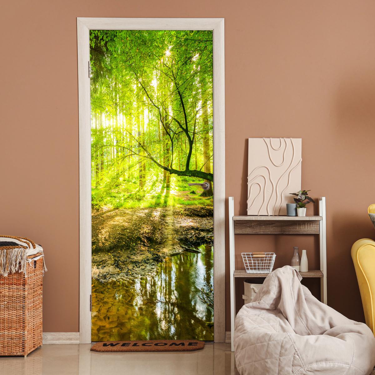 TÜRAUFKLEBER Wald - Landschaft - Wasser - Bäume - Sonne - Grün - Natur 85x215 cm - Türtapete - Hellgrün, Kunststoff (85/0.1cm) - MuchoWow