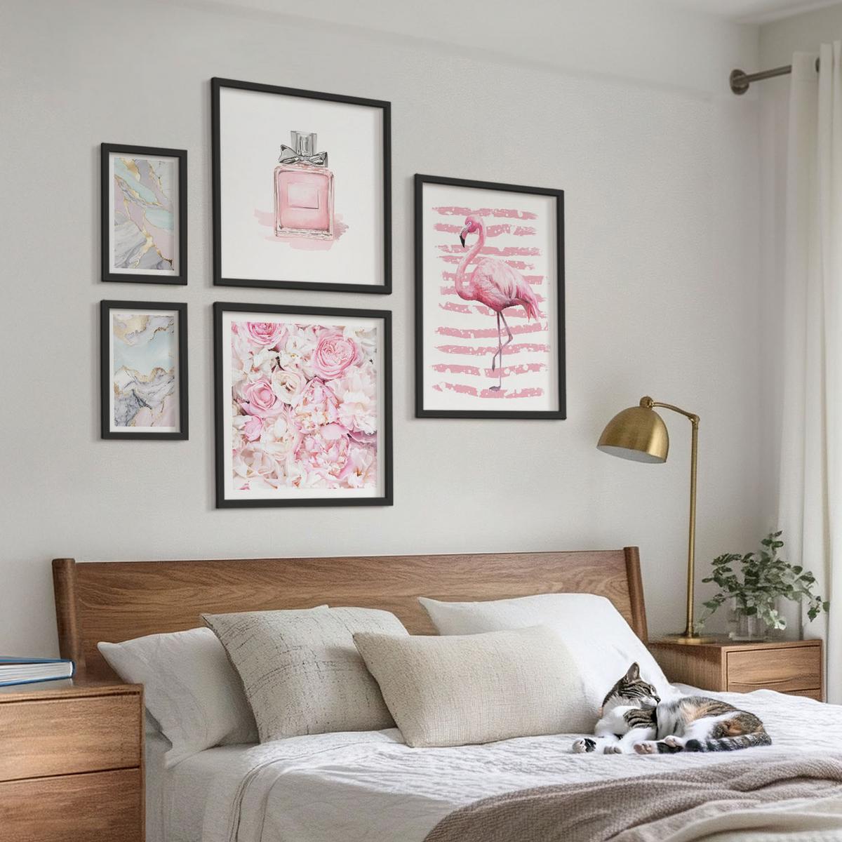 BILDER SET 5er Set - 50x50 cm & 20x30 cm & 40x60 cm Schwarzer Rahmen - Rosa Blumen Marmor Pastell - Schwarz, Kunststoff (40/60cm) - TULUP