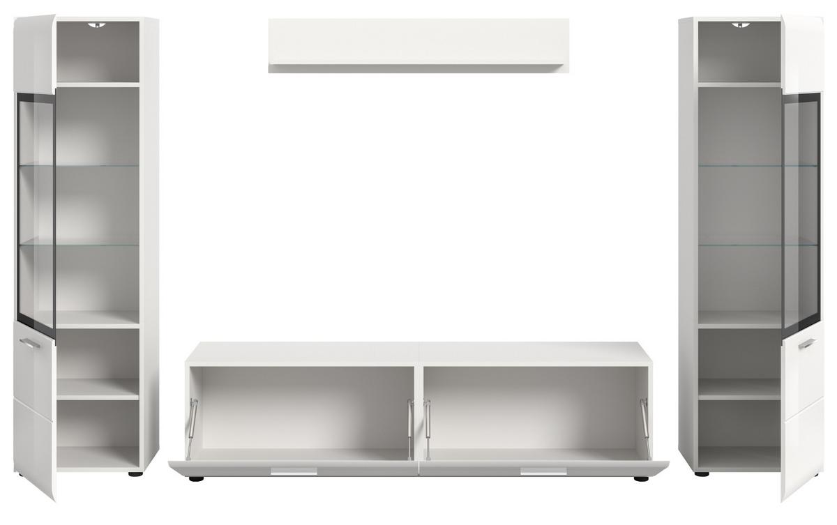 WOHNWAND weiß Hochglanz 4-teilig 280 cm, Schrankwand mit 2 Vitrinen - Weiß Hochglanz/Silberfarben, Glas/Holzwerkstoff (280/160/41cm) - Inn.Furn
