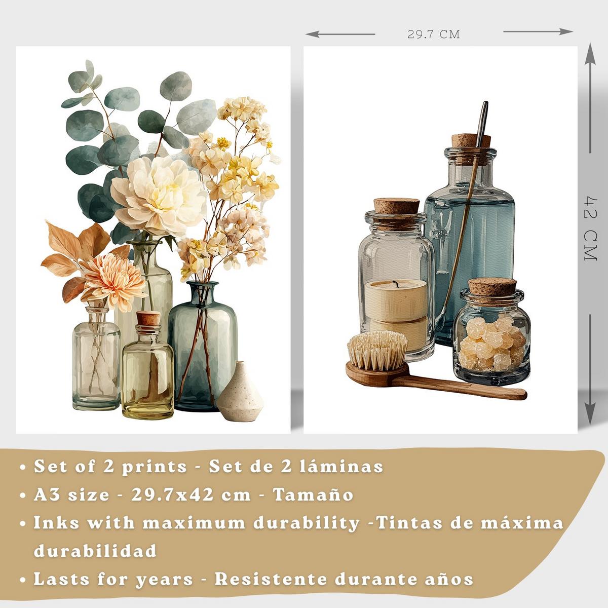 POSTER 2er-Set dekorative Badezimmer-Poster, minimalistische Wandbilder moderne Dekoration mit Blumen und Flaschen Schwarzer Rahmen A3 - Schwarz, Papier (42/29.7/3cm) - Nacnic