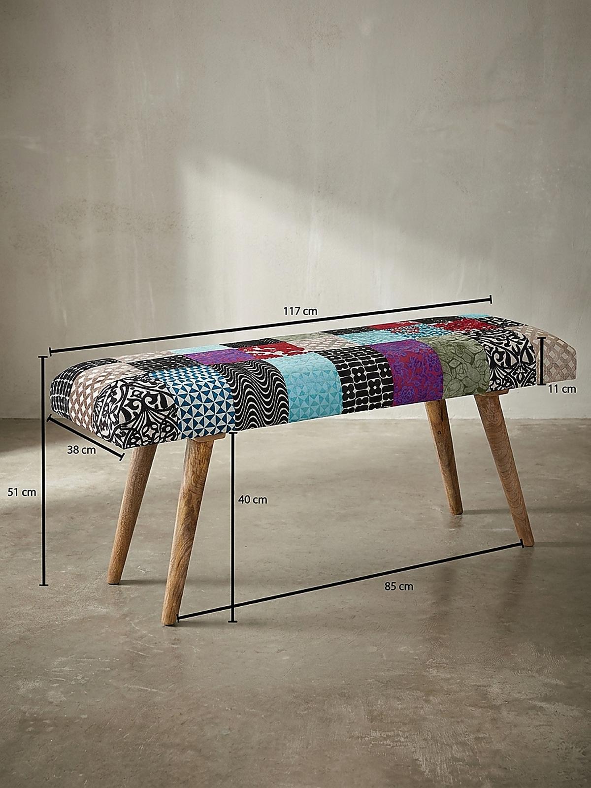 SITZBANK – Patchwork-Stoff, Massivholzbeine - Multicolor/Braun, Mangoholz/Textil (117/51/38cm) - KADIMA DESIGN