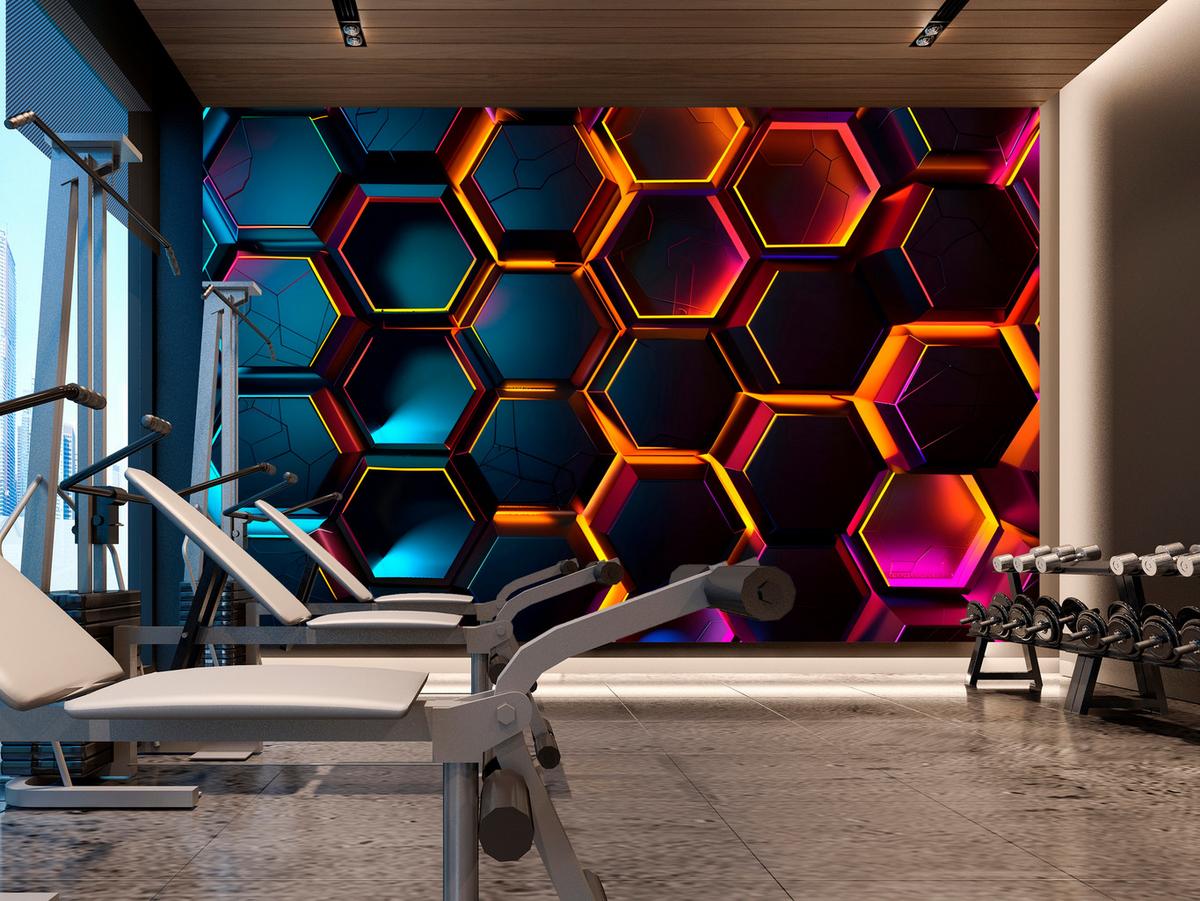 FOTOTAPETE für Jugendzimmer Schwarz Neon Hexagone 300x210 - Gelb/Schwarz, Papier (300/210cm) - Muralo