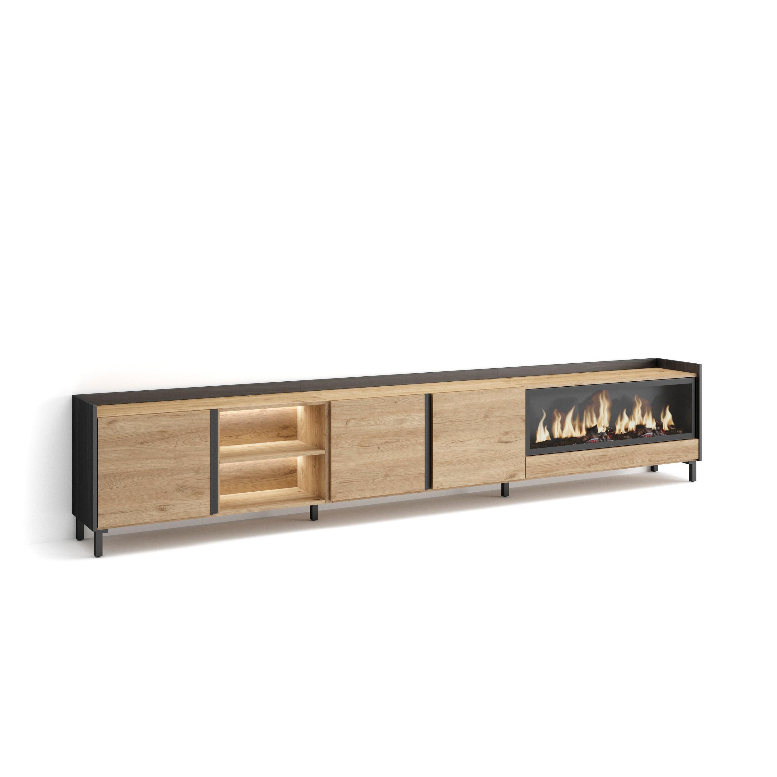 LOWBOARD, Eiche und Schwarz, 315/35/61cm, Kamin mit Feuereffekt XXL - Eichefarben, Holzwerkstoff (315/61/35cm) - Skraut Home