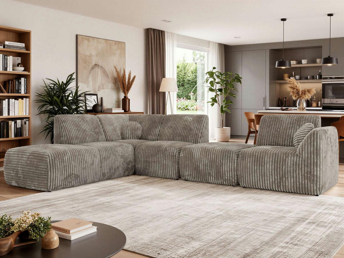 ECKSOFA NOARA 6M L Hellbraun Cord - Links - Hellbraun/Schwarz, Kunststoff/Textil (244/355cm) - MKS