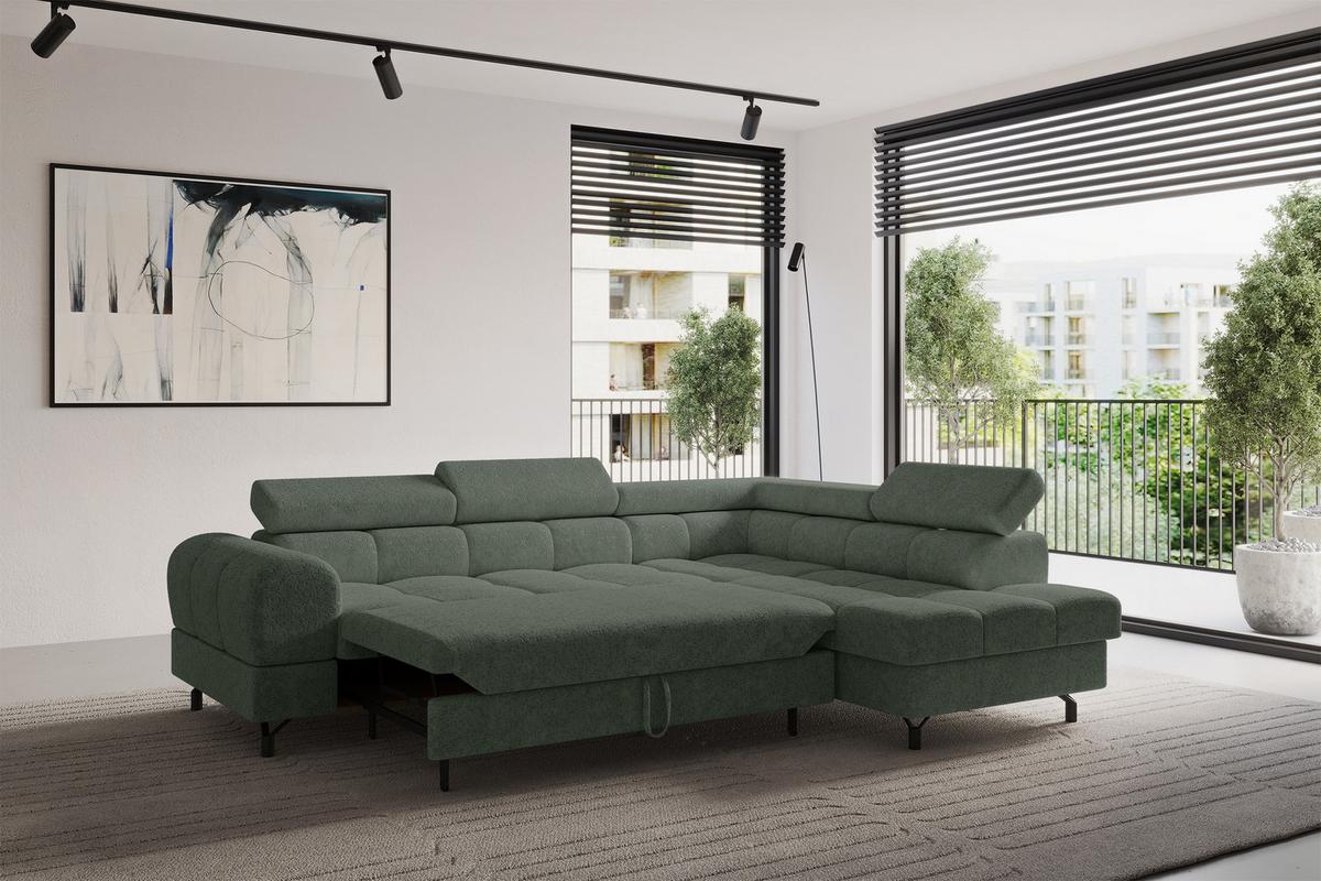 ECKSOFA mit Schlaffunktion Ottomane Rechts LUMA-L 272x203x70 Grün Velours - Schwarz/Grün, Holzwerkstoff/Kunststoff (203/272cm) - ALTDECOR