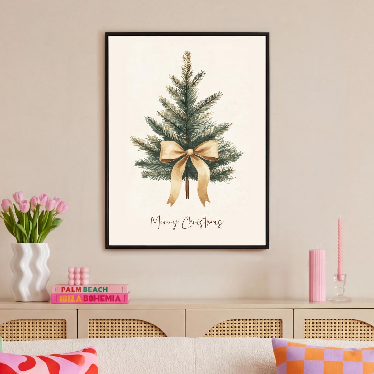 LEINWAND Bilder mit Rahmen - Weihnachtsbaum - Weihnachten - Frohe Weihnachten - Beige - 70x100 - Sandfarben, Textil (70/100cm) - MuchoWow