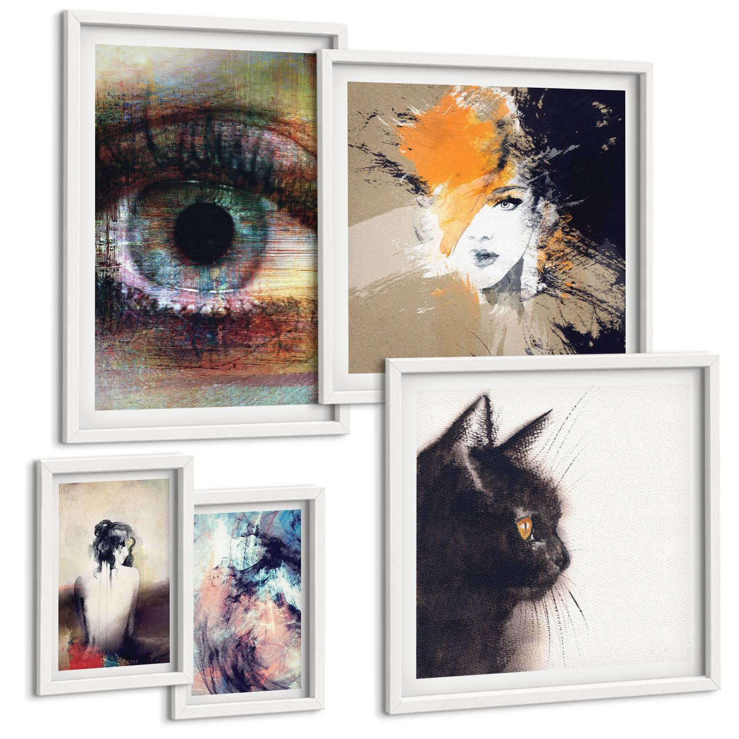 BILDER SET 5er Set - 50x50 cm & 20x30 cm & 40x60 cm Weißer Rahmen - Gelbgrau-braune Wellen - Weiß, Kunststoff (40/60cm) - TULUP