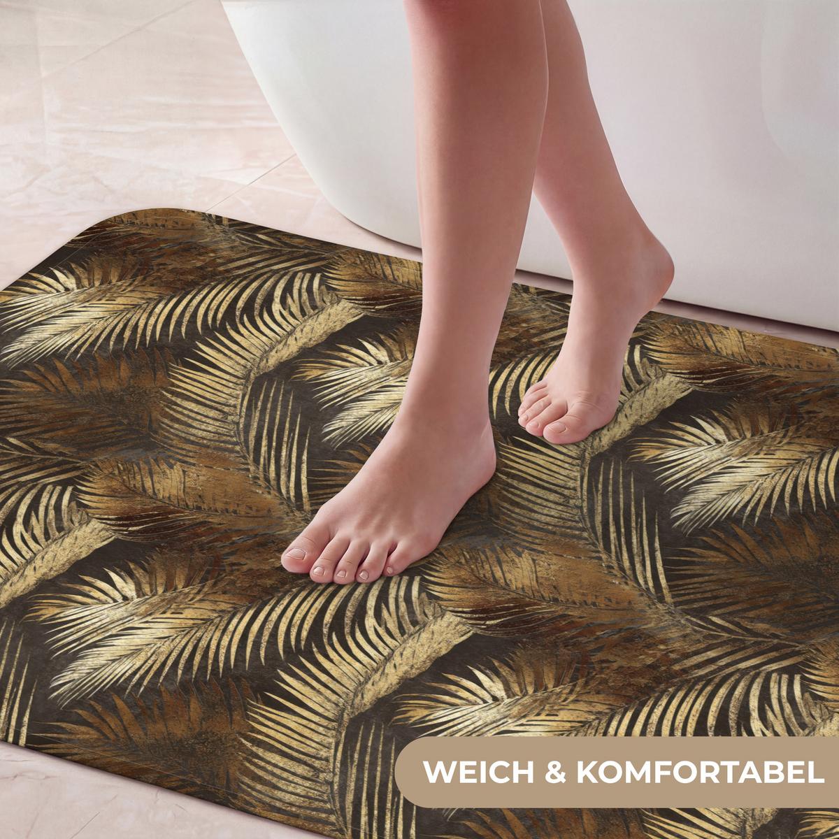 BADEMATTE Tropisch - Blätter - Gold 60x120 cm - Dunkelbraun/Goldfarben, Textil (60/120cm) - OnlyWow