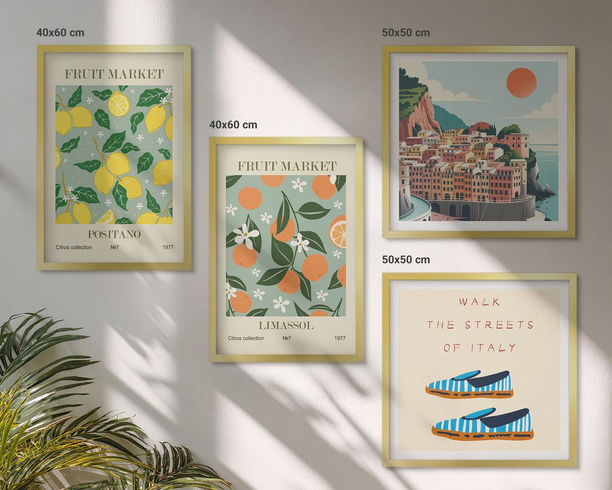 BILDER SET 4er Set - 50x50 cm & 40x60 cm Goldrahmen - Fruchtmuster der italienischen Kultur - Goldfarben, Kunststoff (50/50cm) - TULUP