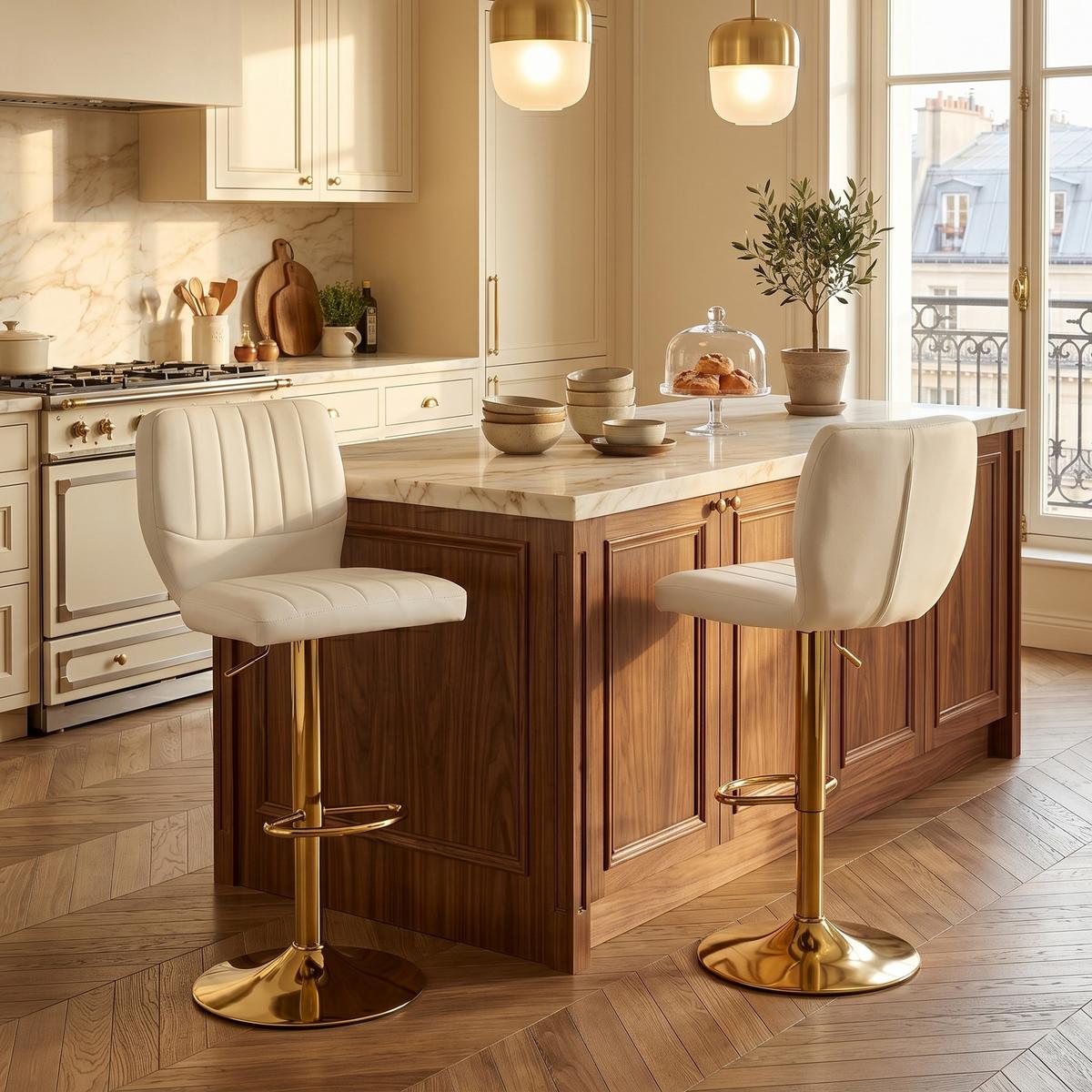 BARHOCKER 2ER-SET aus Kunstleder in Weiß und Gold, höhenverstellbar und 360° drehbar - Weiß, Leder (52/62/45cm) - Urban Meuble
