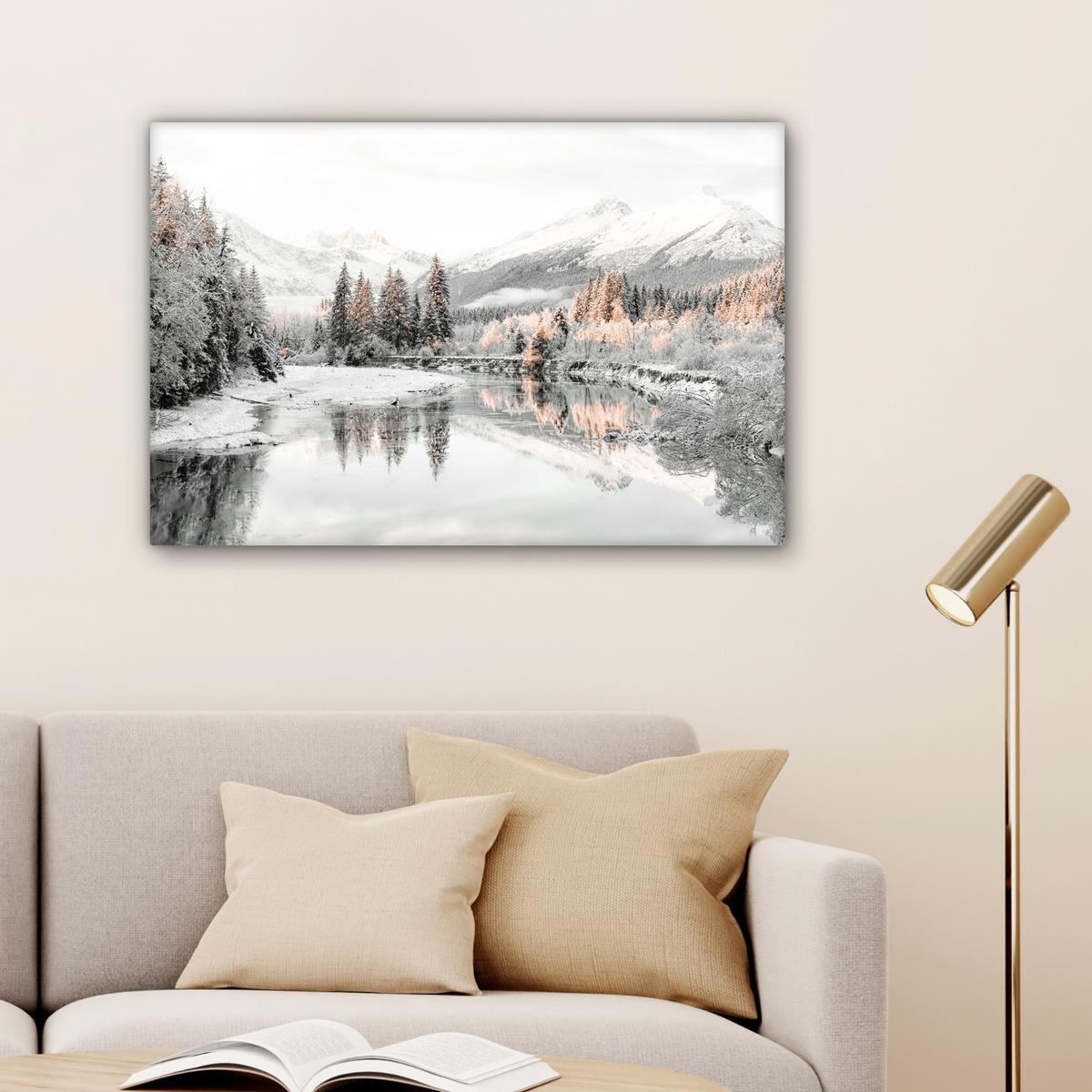 LEINWANDBILD Natur - Winter - Bäume - Berge - Schnee Gemälde 60x40 cm - Weiß Hochglanz, Textil (60/40cm) - MuchoWow
