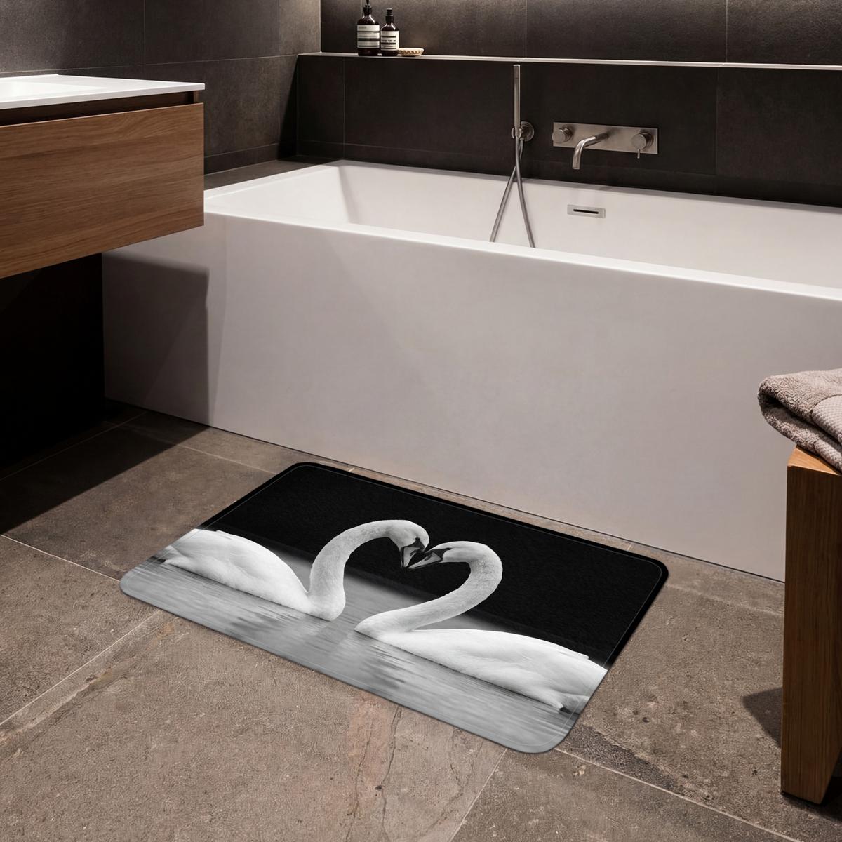BADEMATTE Schwäne - Herz - Schwarz - Weiß 80x50 cm - Schwarz, Textil (80/50cm) - OnlyWow