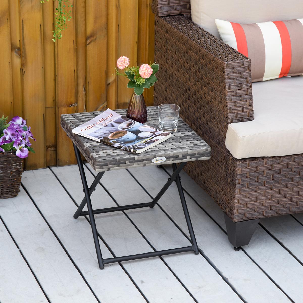 GARTENKLAPPTISCH, Grau, Stahl, Polyrattan - Grau, Kunststoff (40/40/40cm) - Outsunny