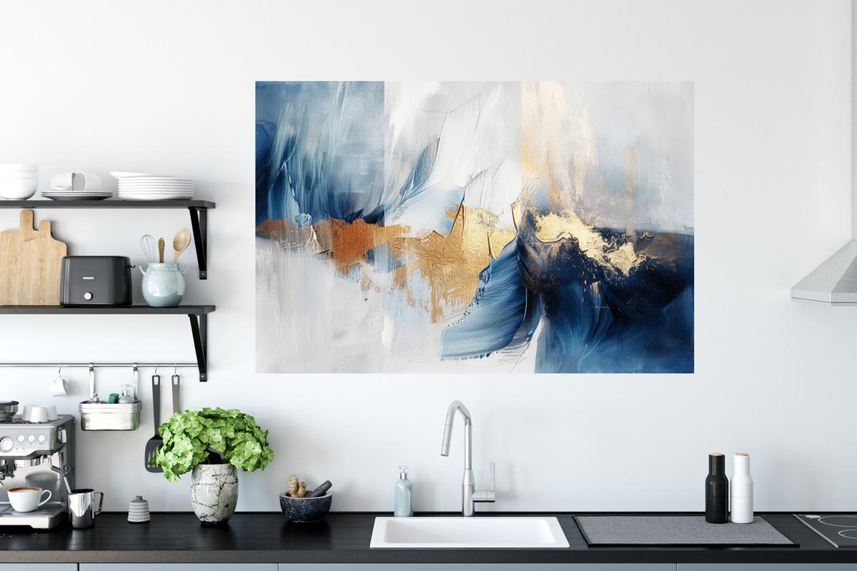 WANDTATTOO Gold - Blau - Aquarell - Kunst - Modern Wandsticker 120x80 cm - Hellblau, Kunststoff (120/80/0.1cm) - MuchoWow