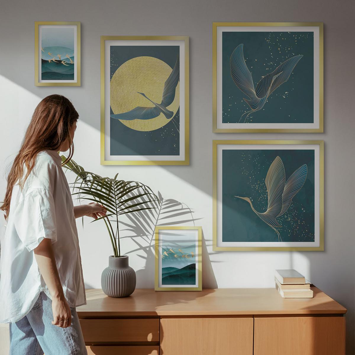 BILDER SET 5er Set - 50x50 cm & 20x30 cm & 40x60 cm Goldrahmen - Abstrakte Landschaften von Vogelwellen - Goldfarben, Kunststoff (40/60cm) - TULUP