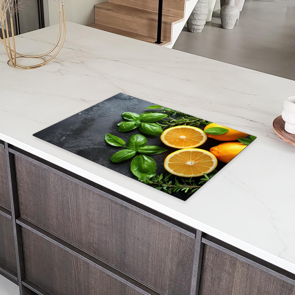 HERDABDECKPLATTE Obst - Grau - Konkret - Orange - Pflanzen Ceranfeldabdeckung 78x52 cm - Anthrazit, Kunststoff (78/52/0.2cm) - MuchoWow