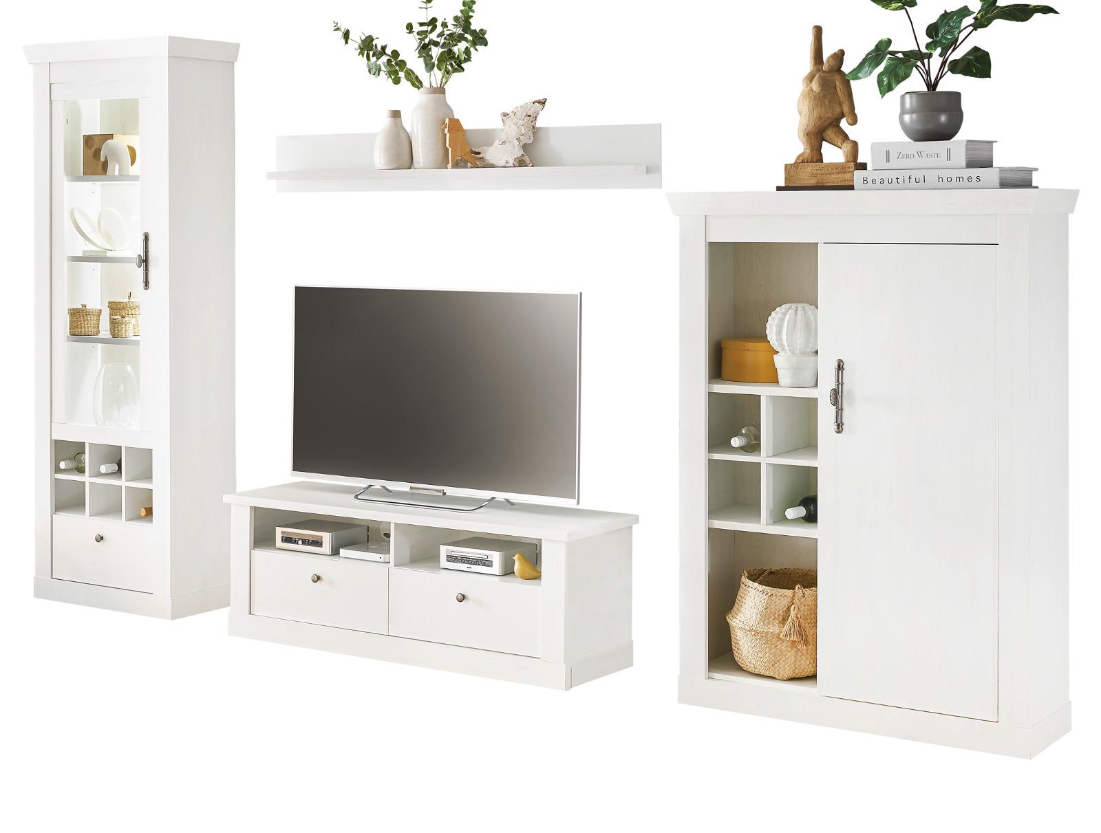 WOHNWAND weiß Pinie Landhaus, Set 4-teilig mit Soft-Close und Beleuchtung - Weiß, Holzwerkstoff/Kunststoff (334/201/45cm) - Furn.Design