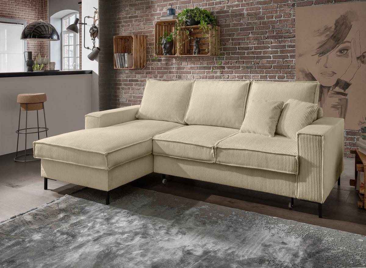 ECKSOFA mit Schlaffunktion, Bettkasten, Wellenunterfederung, Récamiere links B240/T150/H92 cm, Liegefl. 125x198 cm, Cord Beige Grau / 17223 - Greige/Schwarz, Textil/Metall (240/150cm) - luma-home