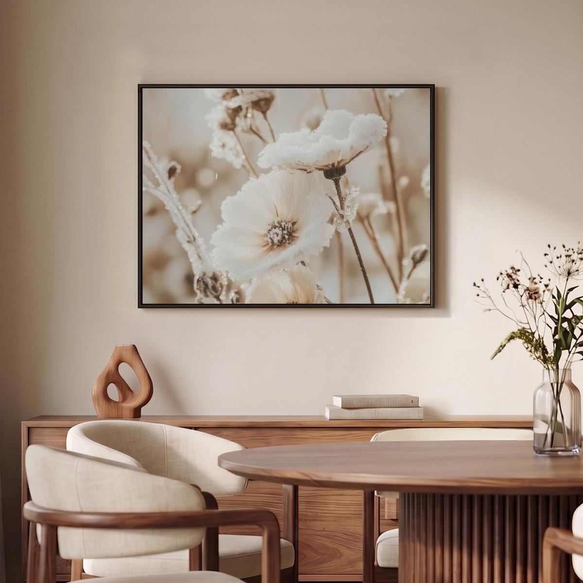 LEINWAND Bilder mit Rahmen - Blumen - Winter - Weiß - Schnee - Beige - 80x60 - Creme, Textil (80/60cm) - MuchoWow