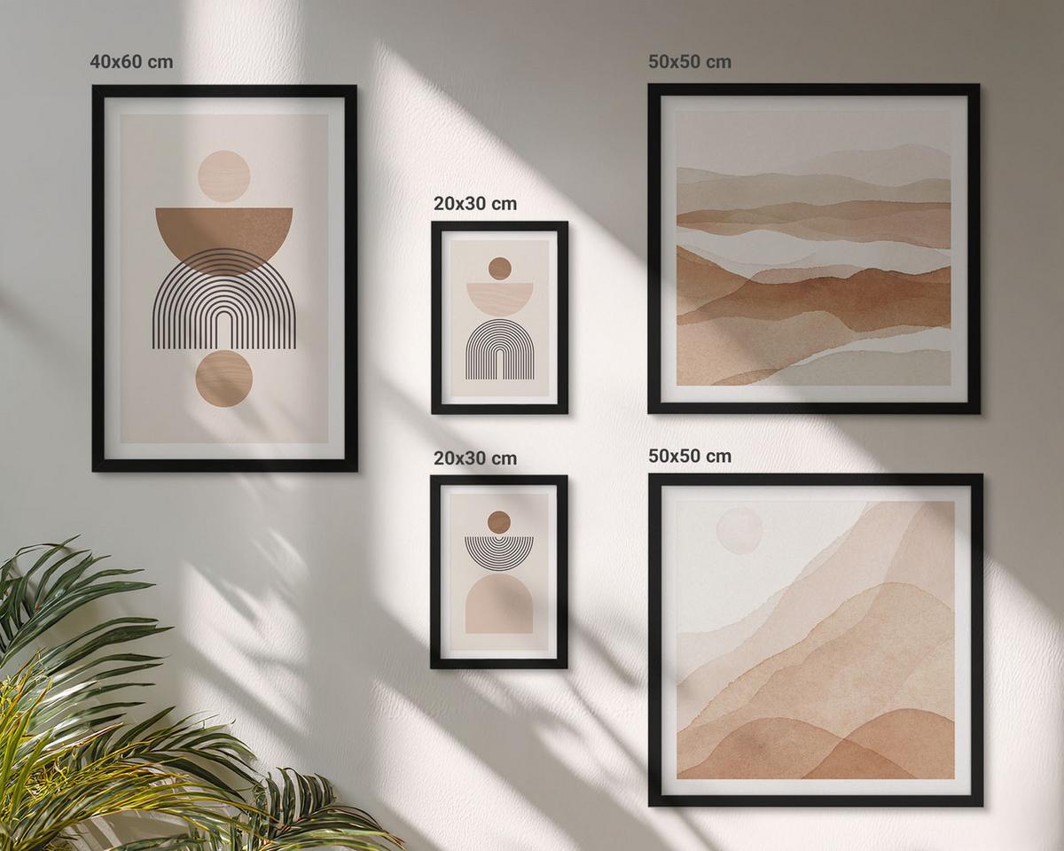BILDER SET 5er Set - 50x50 cm & 20x30 cm & 40x60 cm Schwarzer Rahmen - Abstraktes Boho-Design - Schwarz, Kunststoff (40/60cm) - TULUP