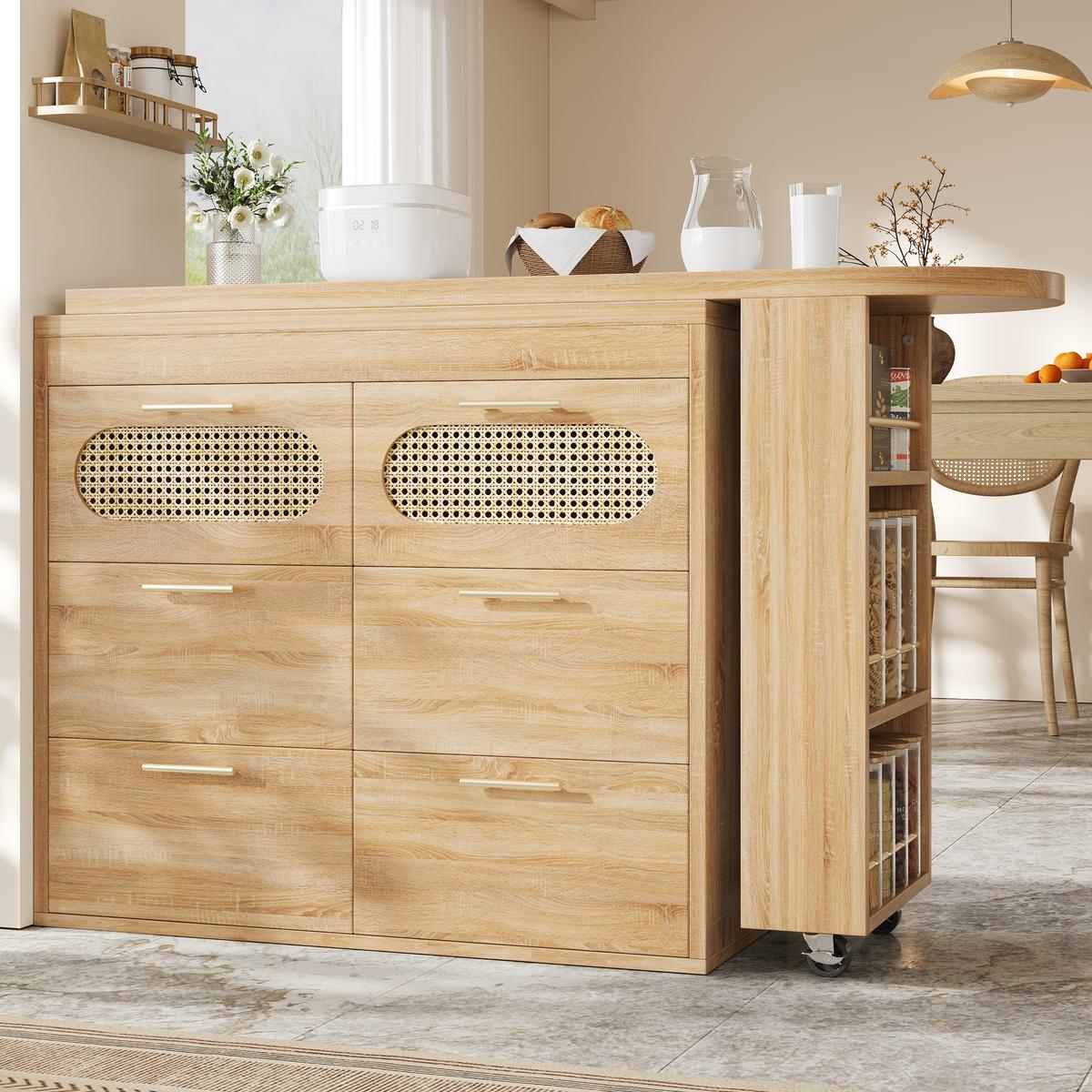 BARTISCH mit küchenbuffet 360° drehbar & 6 schubladen - Naturfarben, Holzwerkstoff (39/203/90cm) - Urban Meuble