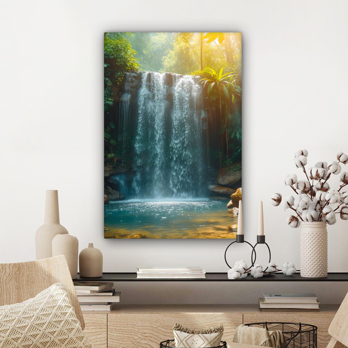 LEINWANDBILD Wasserfall - Dschungel - Sonne - Grün - Natur Wanddeko Schlafzimmer 60x90 cm - Grün, Textil (60/90cm) - MuchoWow