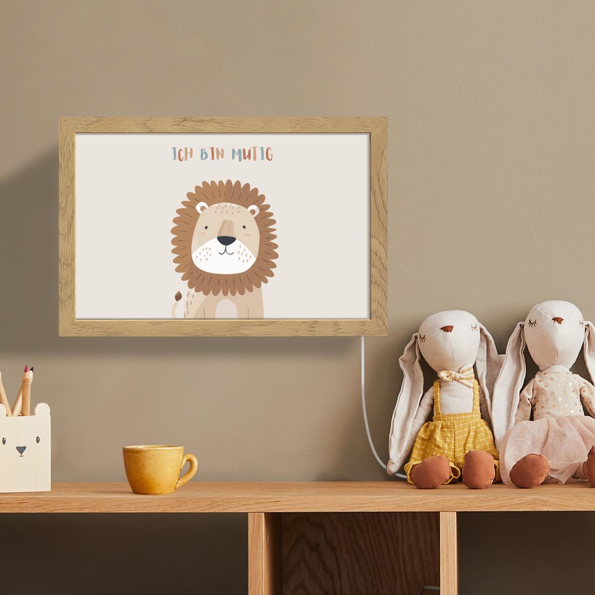 WANDLEUCHTE Löwe - Beige - Tier - Mutig - Zitat 30x20 cm - Beige, Holzwerkstoff (30/20/8cm) - OnlyWow