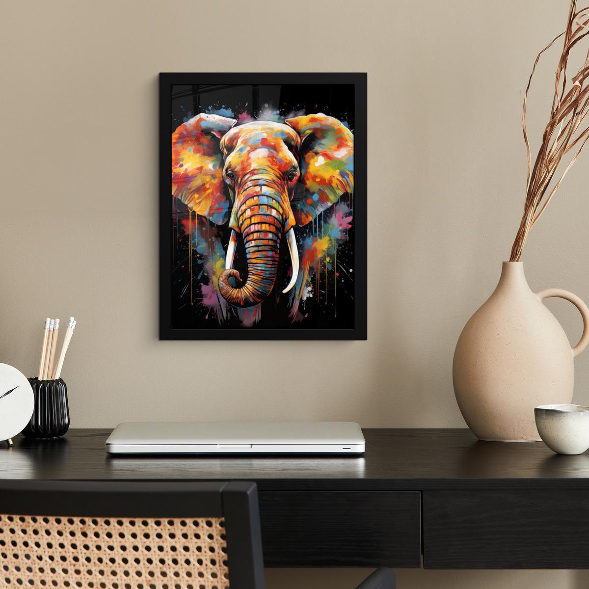 POSTER MIT RAHMEN Elefant - Graffiti - Schwarz - Tiere - Farben Bilderrahmen 30x40 cm - Schwarz, Papier (30/40cm) - MuchoWow