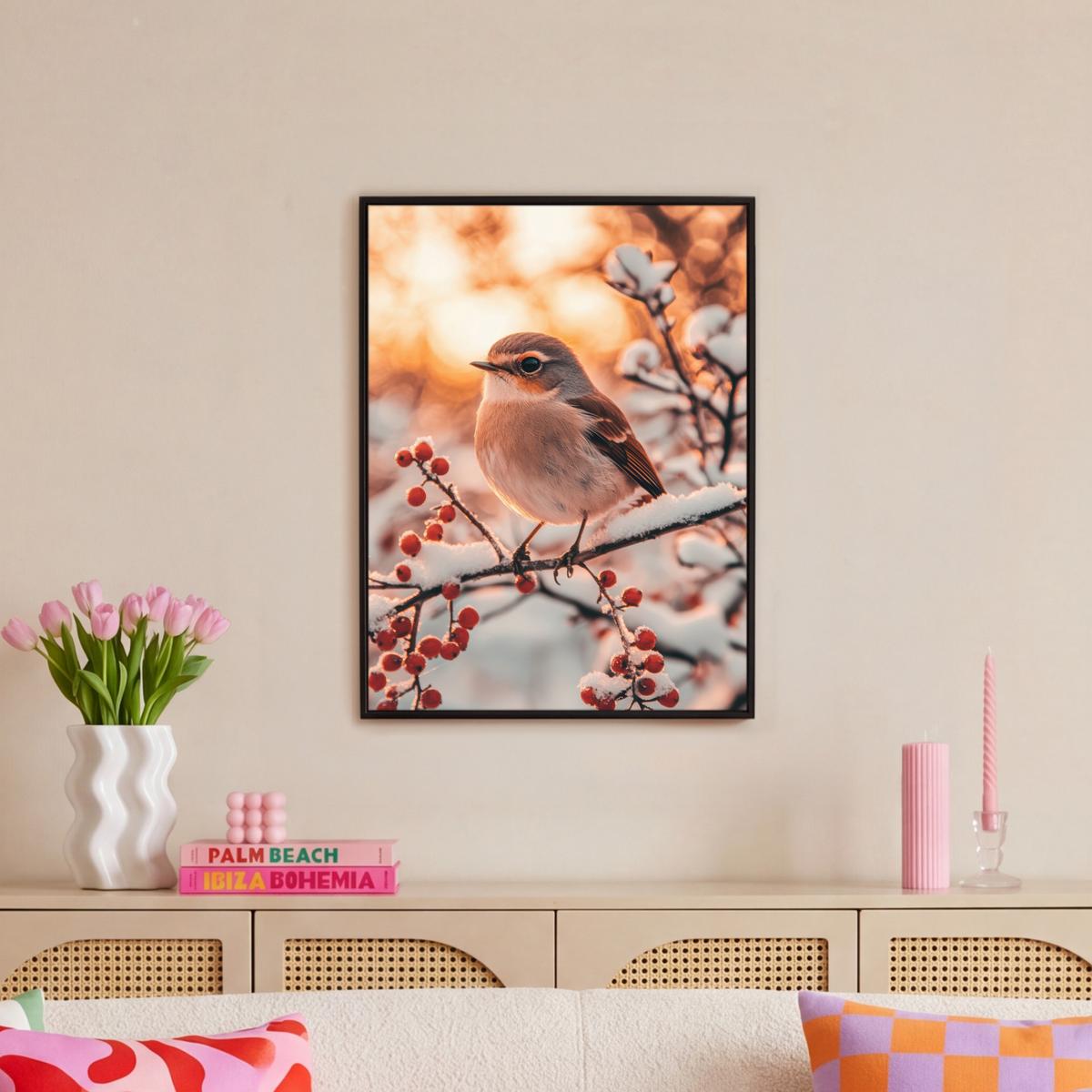 LEINWAND Bilder mit Rahmen - Vogel - Zweig - Winter - Tiere - Schnee - 50x70 - Bernsteinfarben, Textil (50/70cm) - MuchoWow