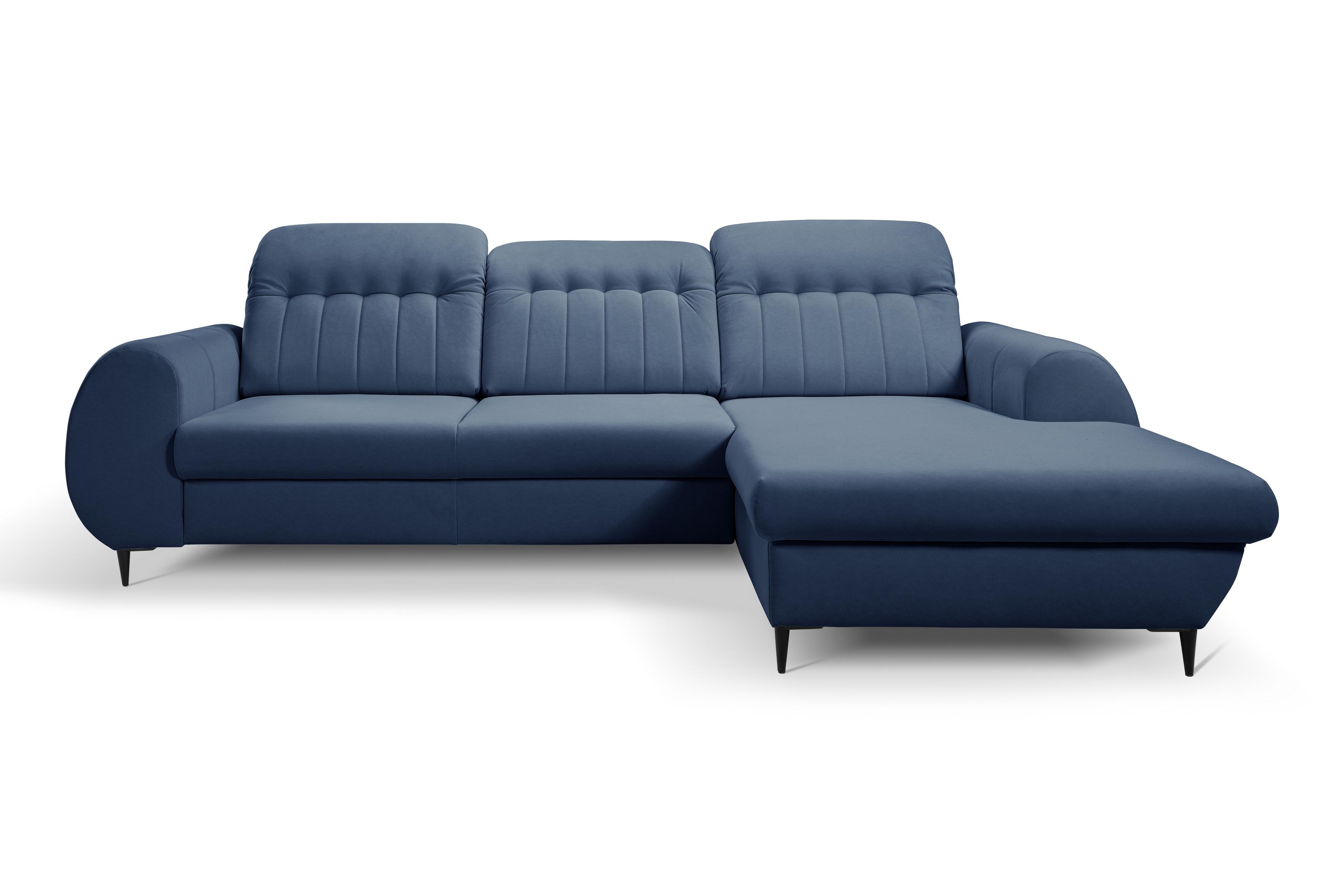ECKSOFA PURO R-S Dunkelblau Plüsch-Stoff mit Schlaffunktion - Dunkelblau, Holz (275/166cm) - MASSENO