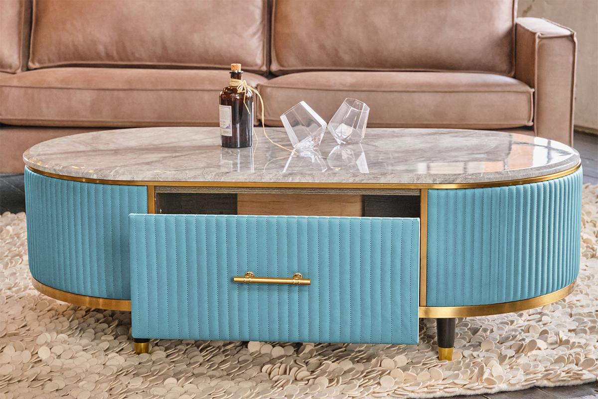 COUCHTISCH MARIA Hellblau Marmor, Kunstleder - Schwarz/Hellblau, Stein/Metall (70/130/45cm) - KAWOLA