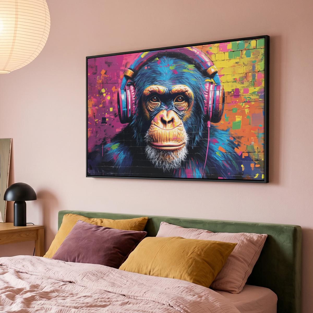 LEINWAND Bilder mit Rahmen - Graffiti - Schimpanse - Straßenkunst - Kopfhörer - Affe - 150x100 - Blau, Textil (150/100cm) - MuchoWow