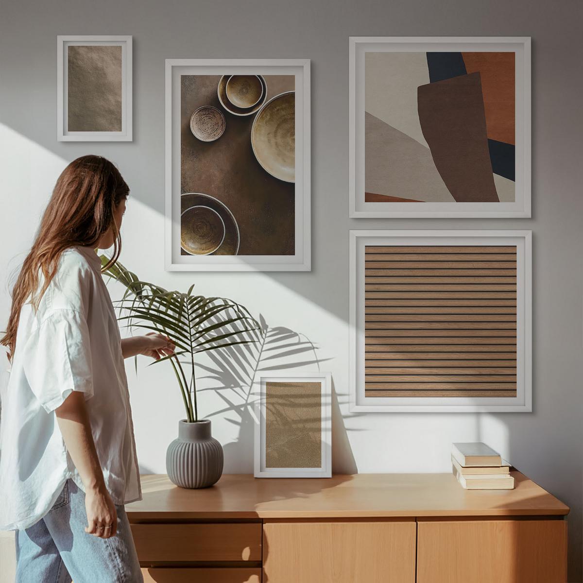 BILDER SET 5er Set - 50x50 cm & 20x30 cm & 40x60 cm Weißer Rahmen - Moderne Steinstrukturen - Weiß, Kunststoff (40/60cm) - TULUP