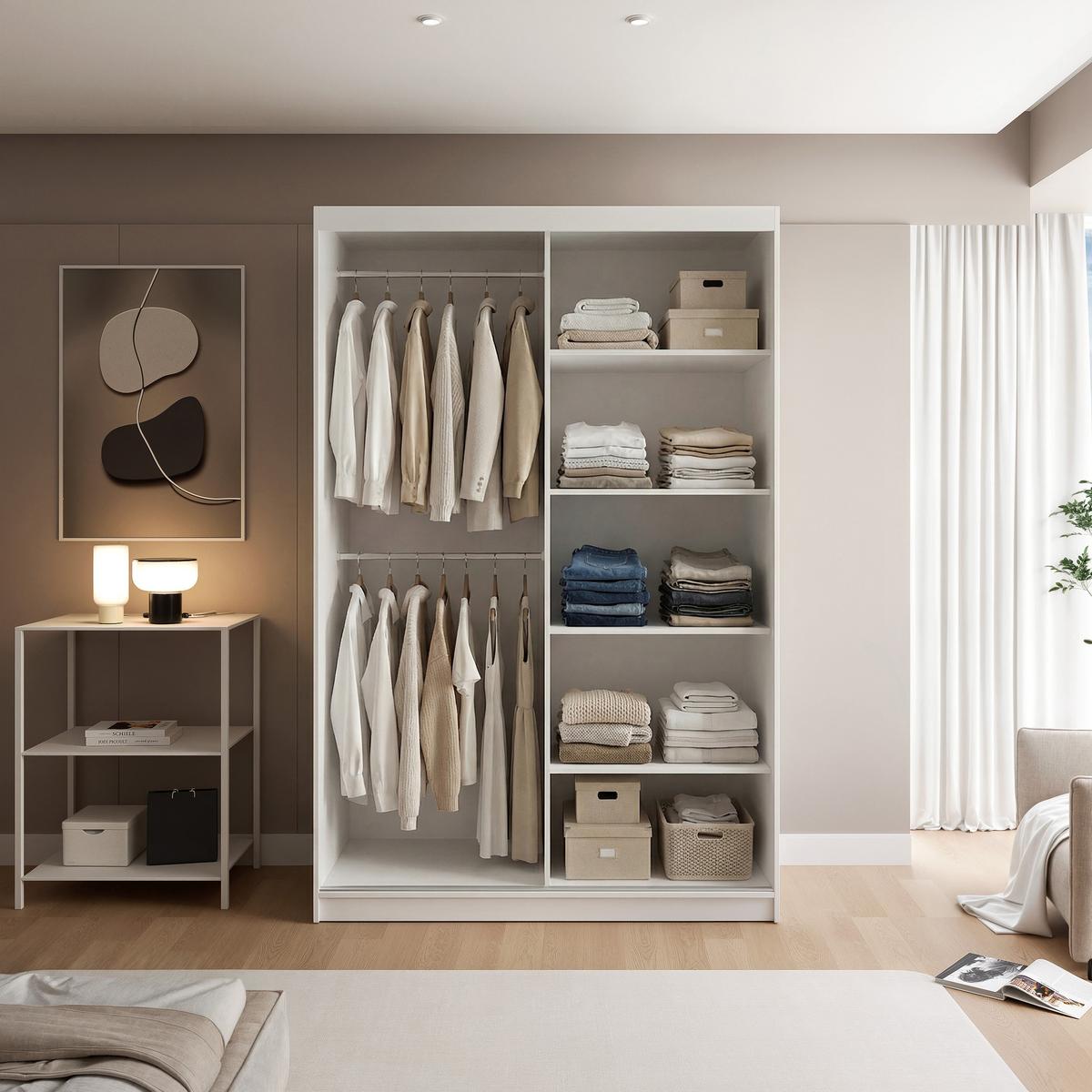SCHIEBETÜRENSCHRANK SILENTE 140 cm mit Einlegeböden und Kleiderstange - Weiß, Holzwerkstoff (140/215/60cm) - Idohome