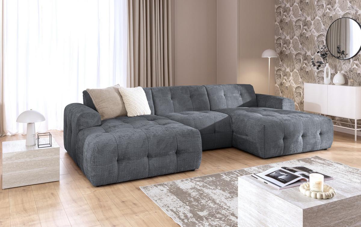 WOHNLANDSCHAFT in U-Form mit raffinierten Steppungen, 6-Sitzer, Wellenunterfederung, B323/T161/H79 cm, Chenille-Bezug in Grau / 21052 - Schwarz/Grau, Kunststoff/Textil (323/79/161cm) - luma-home