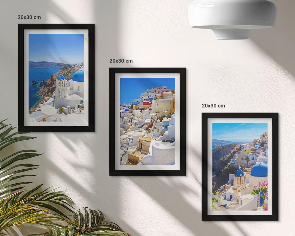 BILDER SET 3er Set - 20x30 cm Schwarzer Rahmen - Landschaftsarchitektur Oia Santorini - Schwarz, Kunststoff (20/30cm) - TULUP