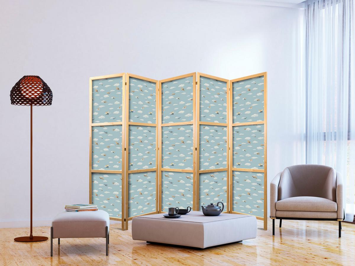 PARAVENT Japanischer 5-tlg 225x172 cm Flugzeuge Wolken - Blau, Holz/Textil (225/172/3cm) - Muralo
