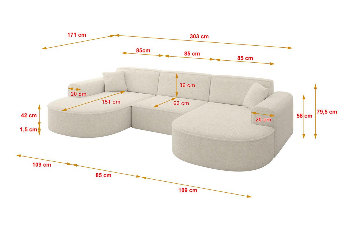 WOHNLANDSCHAFT MARI-U1 - 303x171x79 cm Creme Tissu - Creme/Schwarz, Holzwerkstoff/Kunststoff (303/79/171cm) - ALTDECOR
